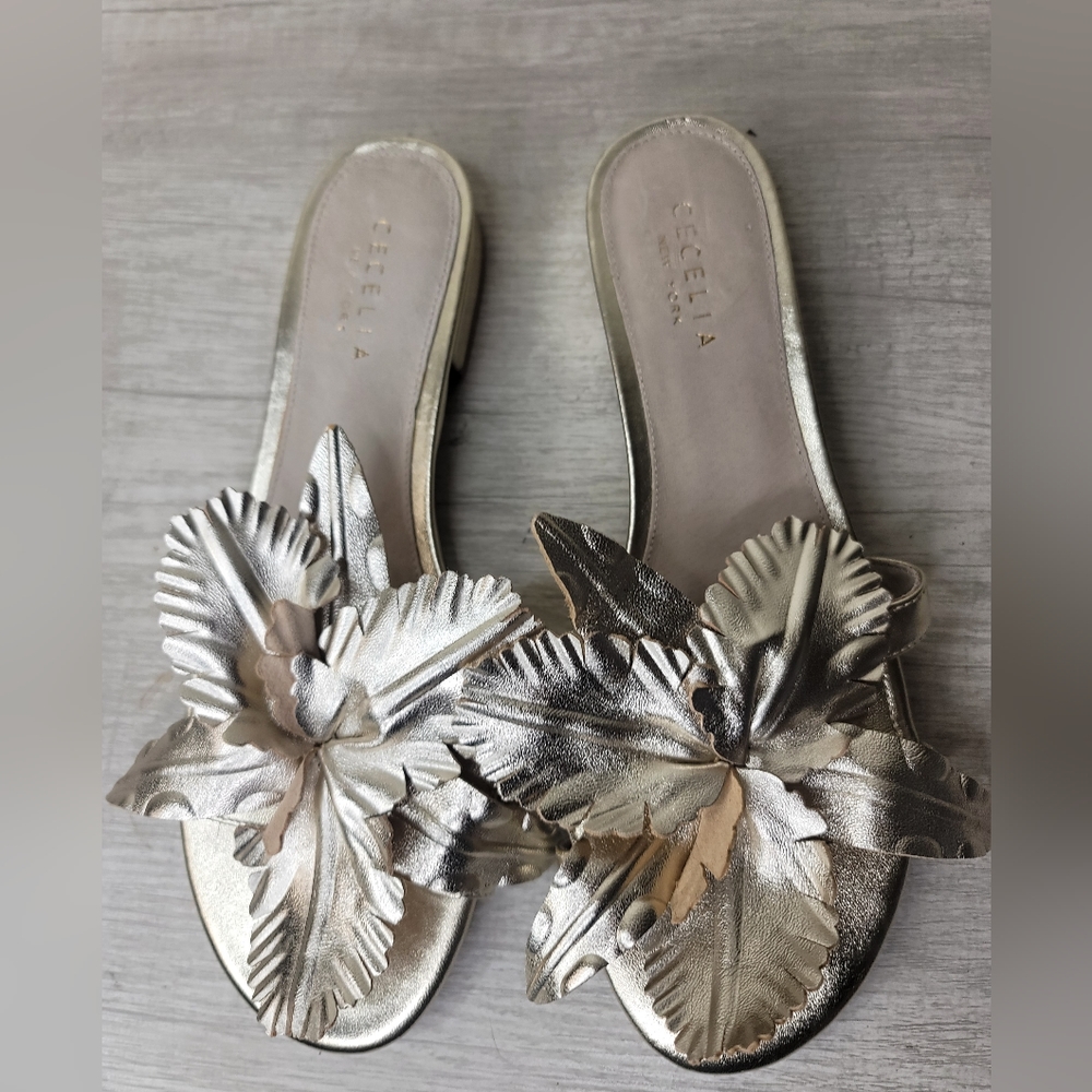 CECILIA NEW YORK Metallic Gold Floral Leather Slide Sandals
